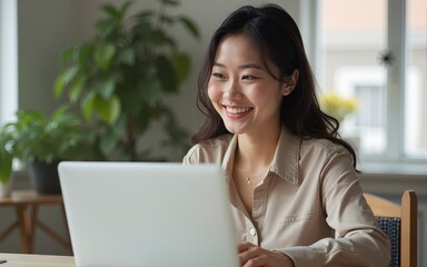 Smiling and feeling positive. happy young Asian woman freelancer working on computer at home. Attractive businesswoman studying online, using laptop software, web surfing information or shopping