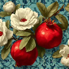 Endless repeat vector design with detailed pomegranates isolated on decorative Mediterranean ceramic tile motifs, rendered in classic antique painting