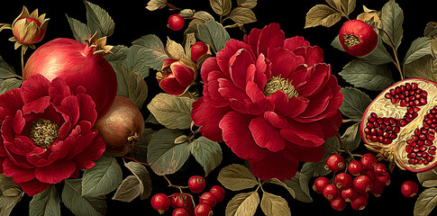 Seamless botanical vector artwork showing pomegranates, red floral blooms, and mixed berries on a variable backdrop, created in classic vintage hand-painted illustration