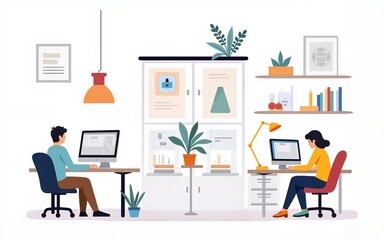 Illustration of remote work icons representing home office activities and digital communication in modern workplace settings. High quality