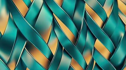 Intricate interwoven design of teal and gold ribbons.
