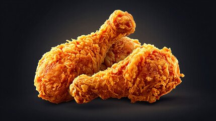 Close up of two golden brown crispy fried chicken legs stacked on a dark background