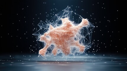 A glowing, amorphous orange shape is enveloped by a white geometric network structure, set against a dark background with scattered light particles.