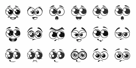 Set of cartoon face expressions with various emotions in black and white