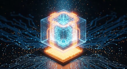 Futuristic technology concept featuring a glowing cube with intricate circuit patterns, symbolizing data processing, artificial intelligence, and quantum computing