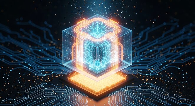 Futuristic technology concept featuring a glowing cube with intricate circuit patterns, symbolizing data processing, artificial intelligence, and quantum computing - Powered by Adobe