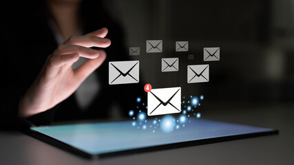 An email inbox with a new message notification alert. A concept of digital communication, correspondence, and unread electronic mail. Motif
