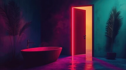 Vibrant, neon-lit bathroom interior with open doorway.