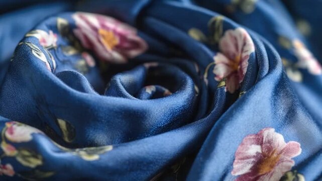 A close-up shot of a blue scarf with pink flowers, suitable for use in fashion or lifestyle contexts