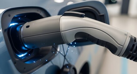 Close-up of electric car charging plug with blue LED light