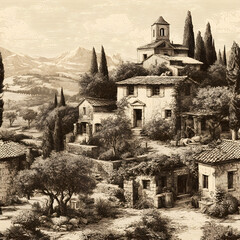 Endless vintage engraving–style vector pattern of rolling hills and villages characteristic of Tuscan or Provencal scenery, ideal for decorative design themes