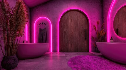 Modern bathroom interior design with vibrant pink neon lighting.