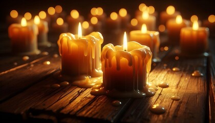 Burning candles: Warm ambiance on wood. AI Generated, Generative AI