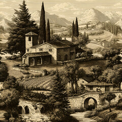 Vintage-style seamless vector composition illustrating Tuscany or Provence pastoral scenery, executed with fine engraved detailing and old-fashioned line art