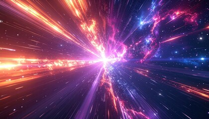 Futuristic interstellar journey through a dynamic wormhole in deep space, traveling past glowing nebulae and stardust at the speed of light