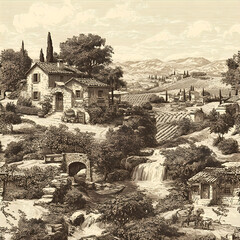 Endless repeat vector design of Tuscan or Provencal rural vistas, crafted with antique engraving-inspired linework for an old-world landscape illustration aesthetic