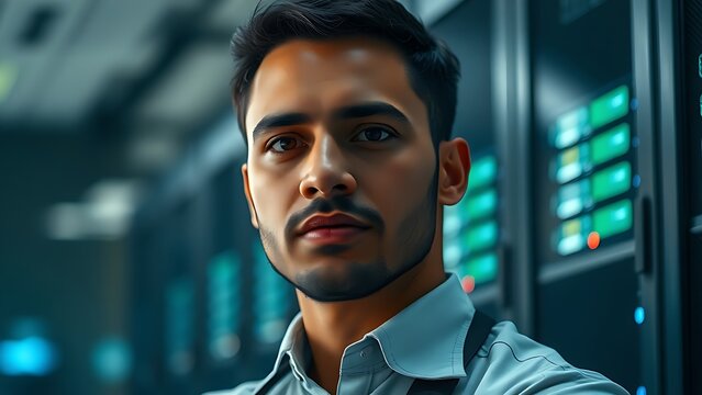 An IT technician in a data center, working among server racks. - Powered by Adobe