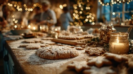 Festive holiday baking scene with cookies and decorations in a cozy setting