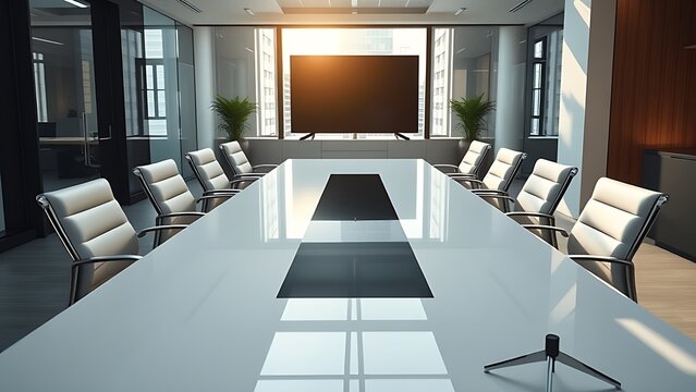 Professional business meeting setup in a modern office with a conference table.