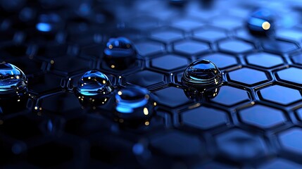 Close-up view of water droplets on a dark hexagonal grid surface.