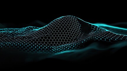 Abstract digital terrain design with glowing hexagonal grid.