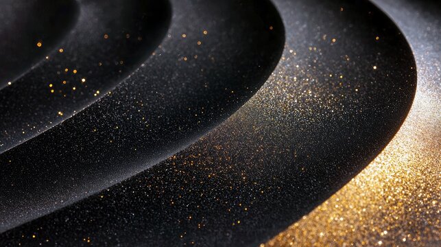 A close-up, abstract view of flowing black fabric with scattered gold glitter particles, creating a luxurious and textured background.