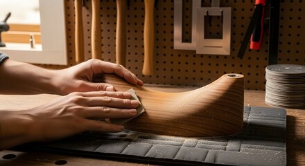 Craftsman sanding wooden shoe mold on workbench
