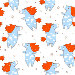  Seamless pattern with cute сartoon horse with clouds - funny animal background for Your kawaii design