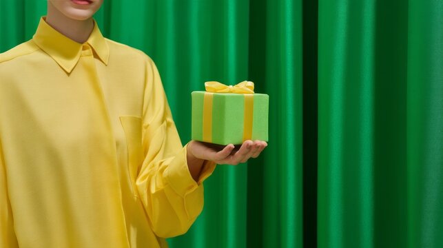 A woman's hand dressed in a yellow shirt holds a beautifully wrapped green gift box with a yellow bow. The fun colors and green backdrop create a lively atmosphere for celebration or gifting
