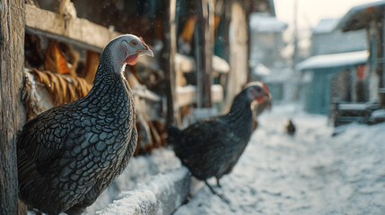 Two chickens in a snowy village scene with wooden structures and a blurred background