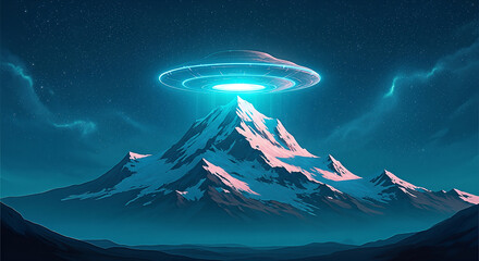 Celestial Arrival: Glowing UFO Beams Light onto a Majestic Snowy Peak