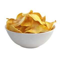 Bowl filled with golden, thin-sliced crispy chips on black background