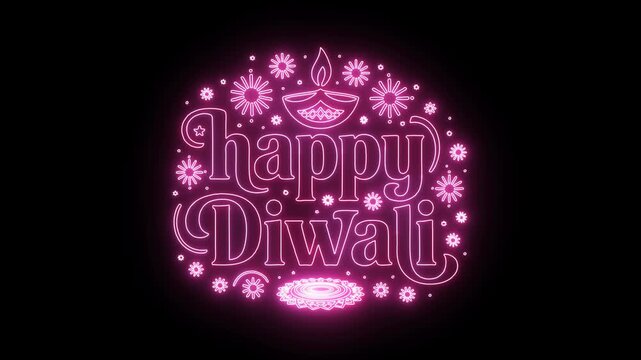 Pink neon &ldquo;Happy Diwali&rdquo; greeting animation, 4K glowing festive outline art with transparent alpha channel.