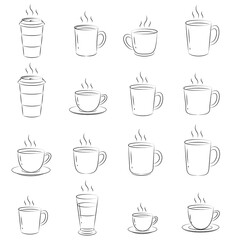 A simple, minimalist vector sketch collection featuring various styles of coffee cups and mugs, perfect for illustrating hot beverages. The line art captures the essence of a warm drink with gentle st