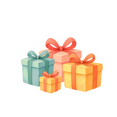 Pile of colorful wrapped gift boxes with ribbons, watercolor illustration isolated.