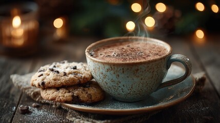 Warm cup of cocoa with cookies on a cozy wooden table surrounded by soft lights