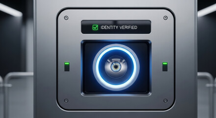 Futuristic security scanner confirms identity verified through an automated process using advanced machine learning technology. secure system glows with confident blue light