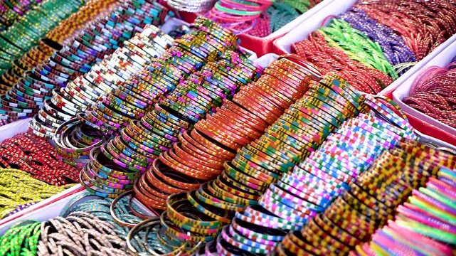 Slow motion shot of cultural handmade jewelry bangles for ladies of Pakistan