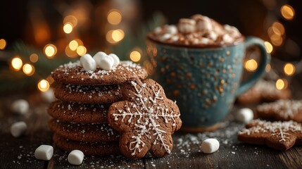 Delicious gingerbread cookies with hot cocoa on a cozy winter evening
