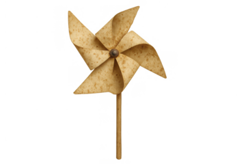 Handcrafting natural paper pinwheel, a rustic children's toy representing simplicity, wind power, and freedom on transparent background