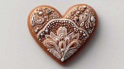 Decorative heart-shaped cookie with intricate icing design on a light background