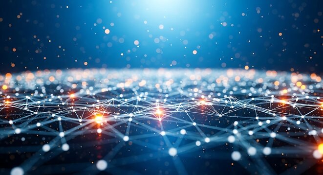 Abstract blue digital particle wave and light background, representing technology, science, engineering, and futuristic concepts with depth of field