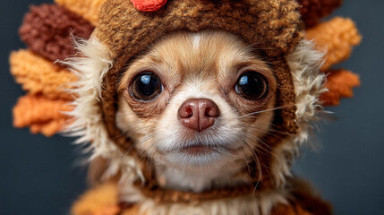 Close up of a chihuahua wearing a turkey costume with a curious and endearing gaze