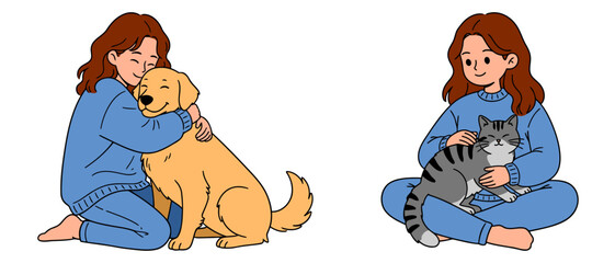 Girl sitting and lovingly hugging her happy dog and gently petting her relaxed cat, showing warmth, affection, friendship, and emotional bonding with pets. Flat vector illustration