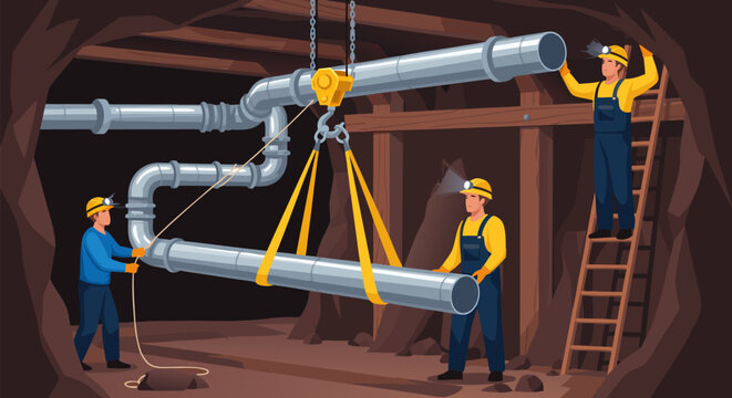 Team of industrial workers in helmets installing a metal pipeline in an underground mine tunnel. Vector illustration of construction and engineering