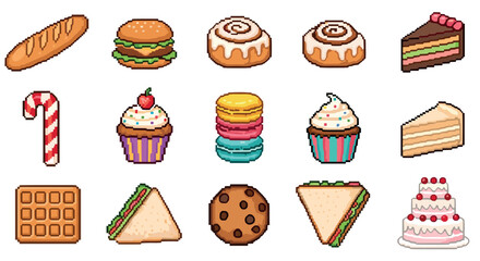 Pixel art collection of delicious sweets and treats: cakes, cupcakes, and more