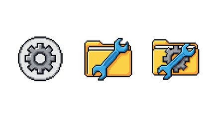 Pixel art gear and wrench icons for tech and repair themes