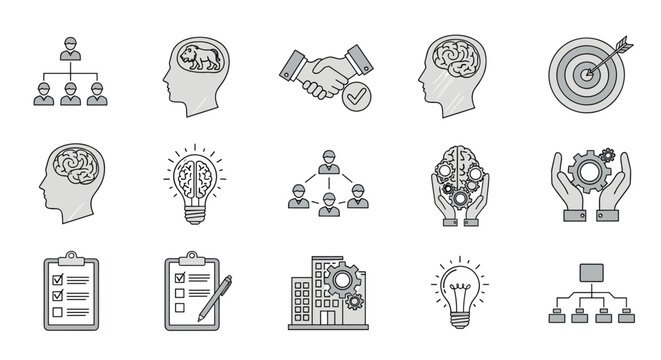 Linear icons depicting business, mindset and innovation concepts