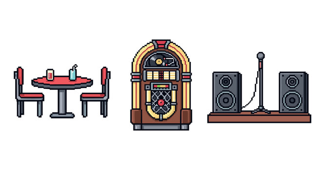 Retro pixel art: jukebox, dining table, and speakers for nostalgic vibes