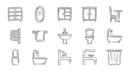 Hand drawn bathroom elements set featuring fixtures and furniture